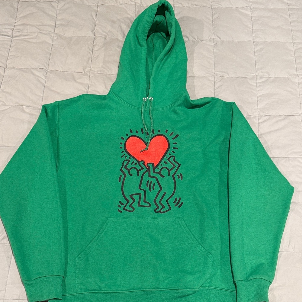 Keith Haring Green Hoodie Heart Graphic Sz. Large EUC